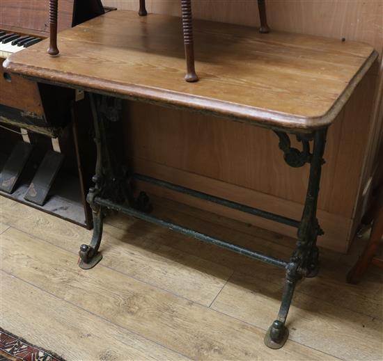 A cast iron base pub table W.90cm